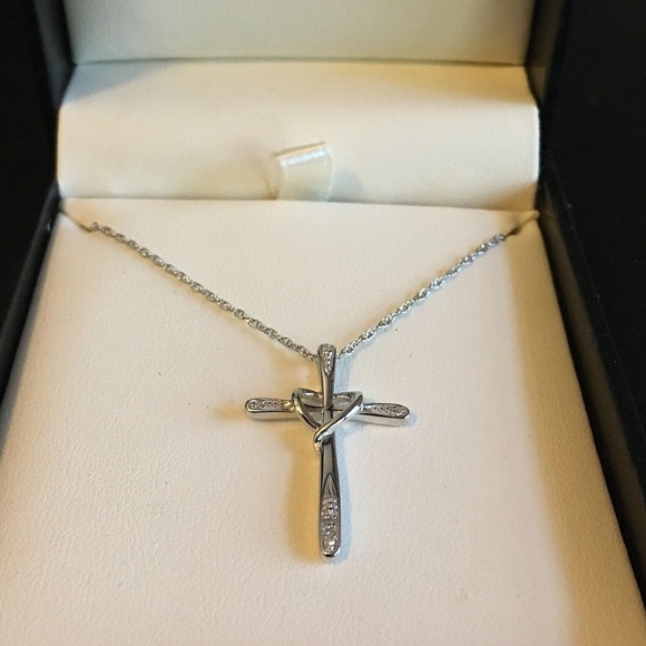 Sterling Silver Genuine Diamond Heart Cross - Picture 2 of 2
